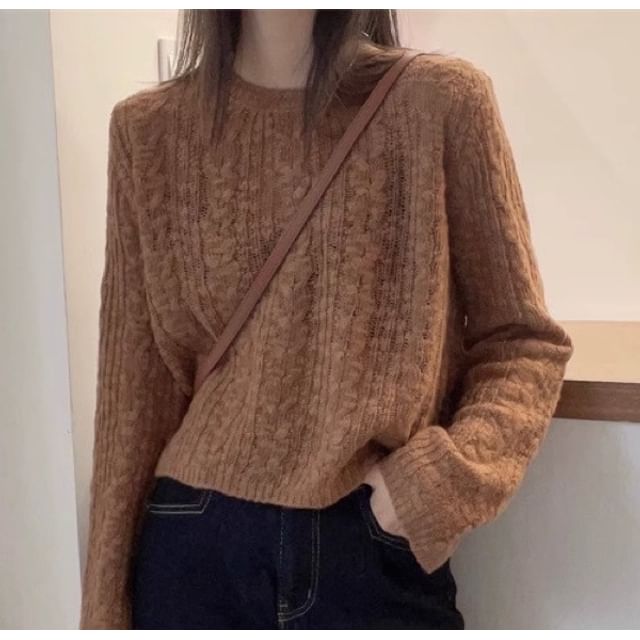 Plain Cable-Knit Crewneck Sweater