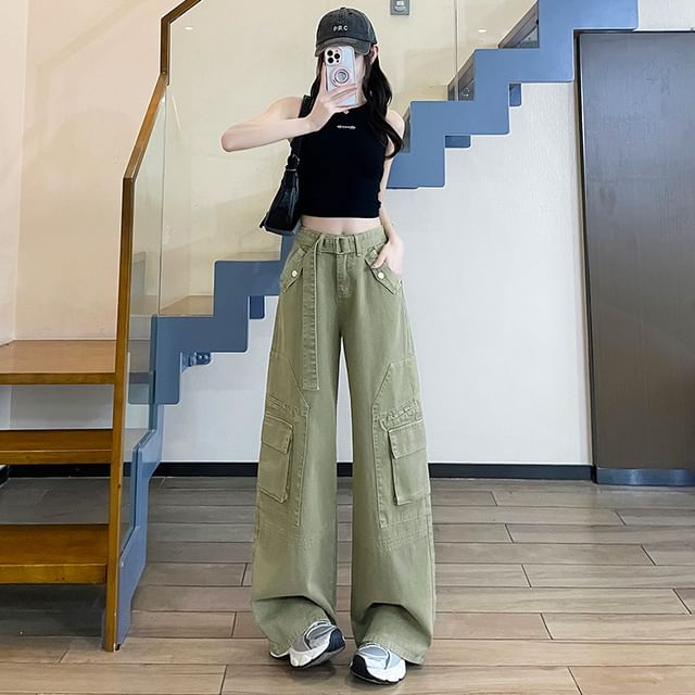 High Rise Plain Wide Leg Cargo Pants (Various Designs)