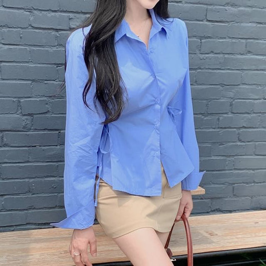 Plain Tie-Waist Sleeved Blouse