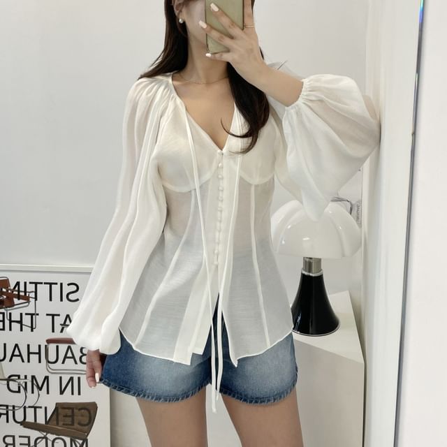 Plain Front-Slit V-Neck Puff-Sleeved Blouse