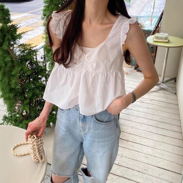 Plain Lace-Up Ruffled Sleeveless V-Neck Blouse