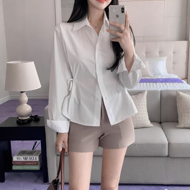 Plain Tie-Waist Sleeved Blouse