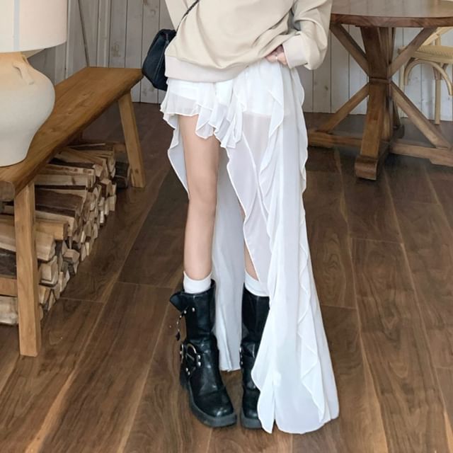 V-Neck Lace Panel Tie-Back Sweatshirt & High-Waist Asymmetrical Ruffle Trim Skirt