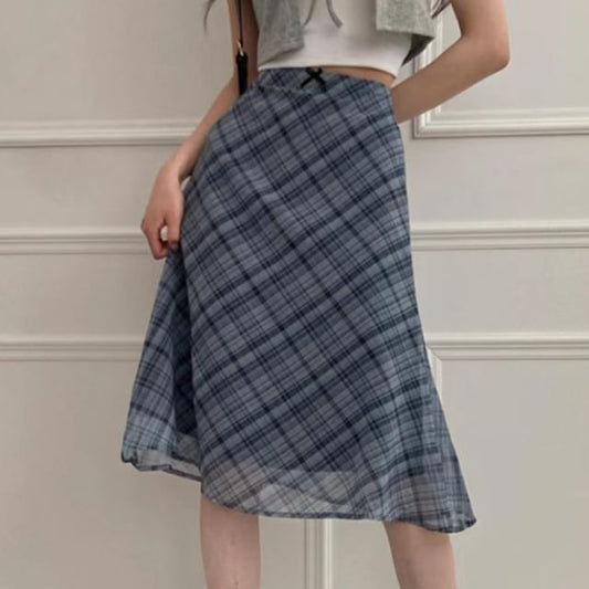 High-Waist Plaid Sheer Midi A-Line Skirt