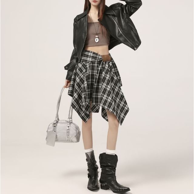 Plaid Asymmetrical A-Line Skirt - High Waist