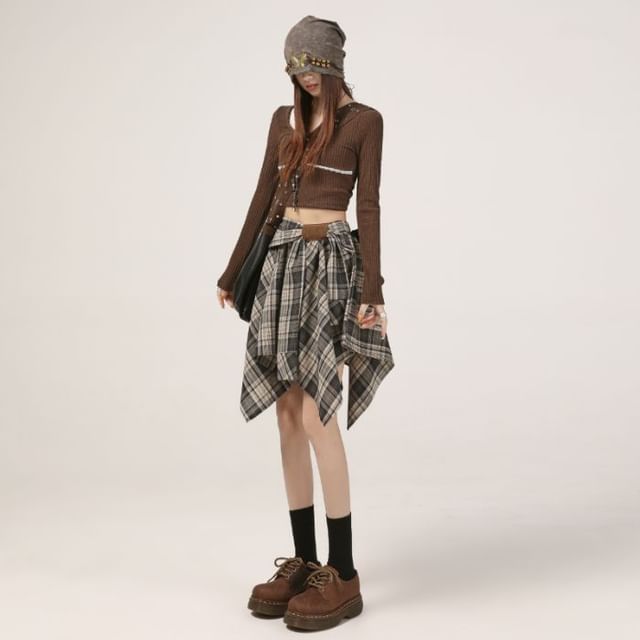 Plaid Asymmetrical A-Line Skirt - High Waist