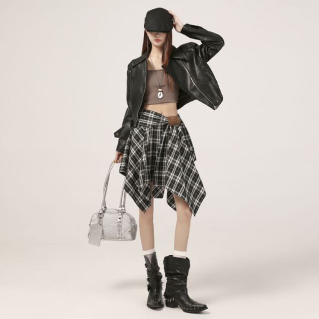 Plaid Asymmetrical A-Line Skirt - High Waist