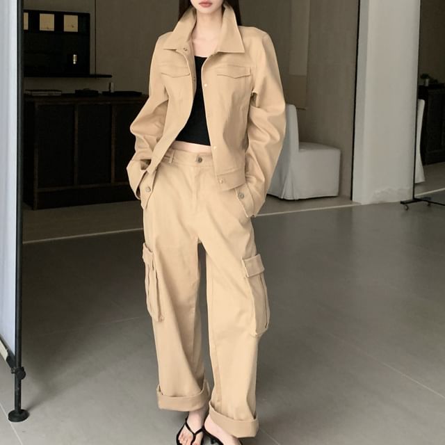 Collared Button-Up Plain Jacket / High Rise Cropped Wide Leg Cargo Pants