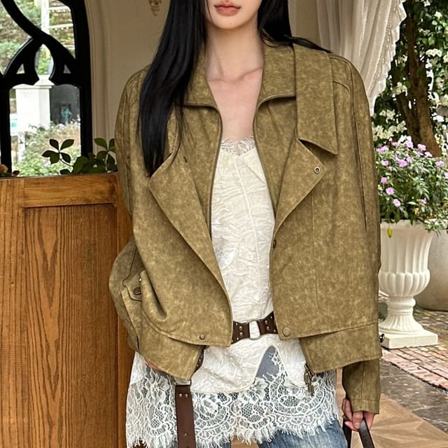 Lace-Paneled V-Neck Camisole Top & Studded Zip-Up Jacket Set