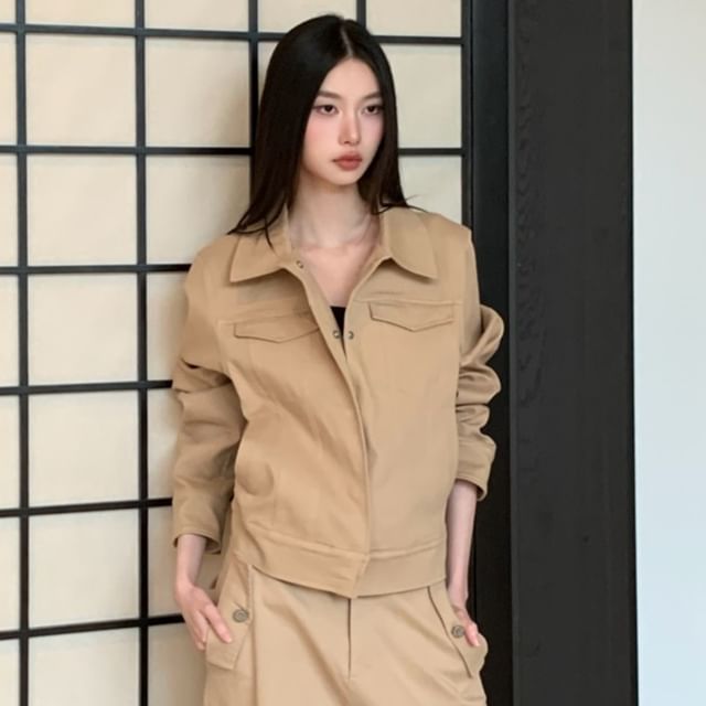 Collared Button-Up Plain Jacket / High Rise Cropped Wide Leg Cargo Pants