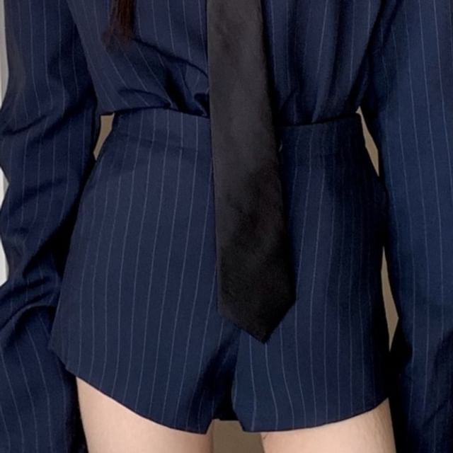 Striped Long-Sleeved Button-Up Shirt & High-Waisted Hot Pants & Necktie Set