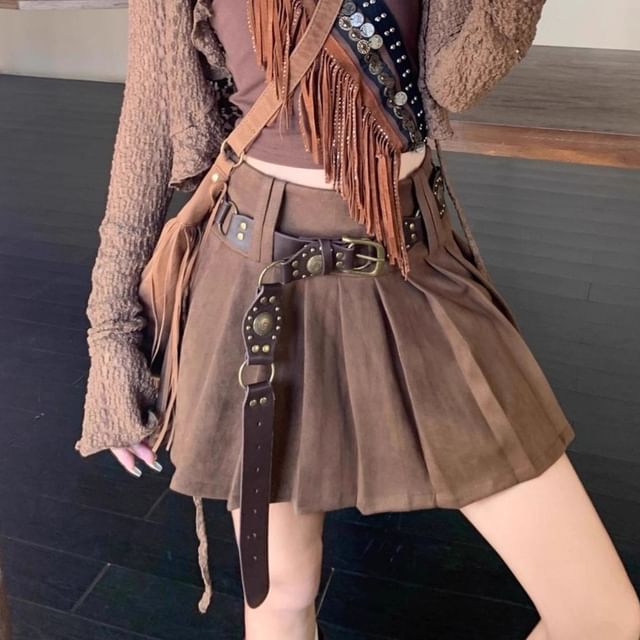 Fringed Studded Crop Tube Top / High Rise Plain Pleated Mini A-Line Skirt / Ruffle Trim Lace Crop Open Front Jacket