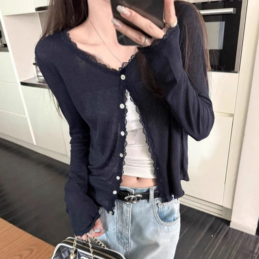 V-Neck Plain Lace Trim Button Up Cardigan