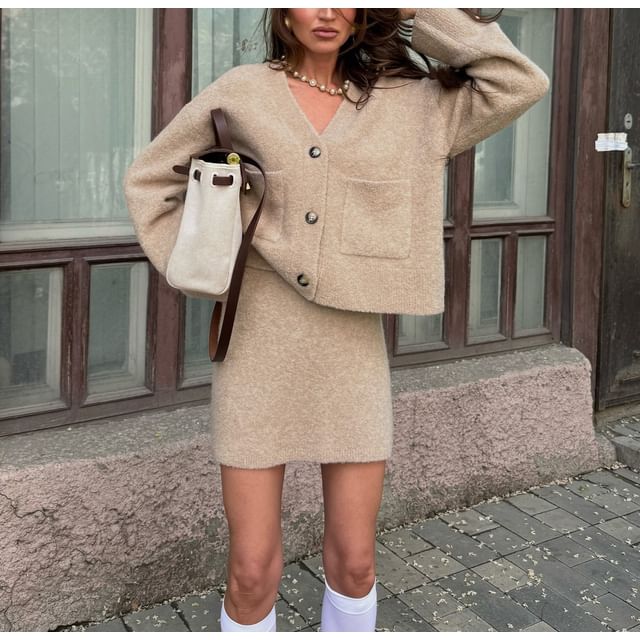 Long Sleeve V-Neck Loose-Fit Cardigan & High-Waist Knit Mini Skirt
