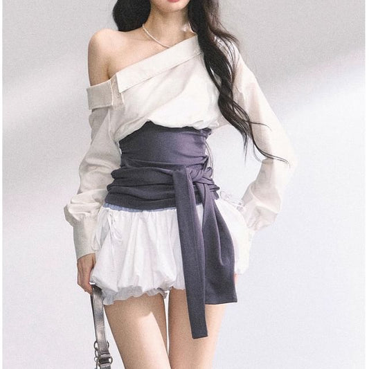 Off Shoulder Plain Blouse / Tube Top / Bubble Mini Skirt / Long-Sleeve Mock Two Piece Mini Bodycon Dress / Set