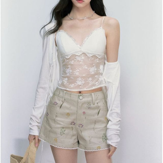 V-Neck Lace Camisole Top / Plain Light Cardigan