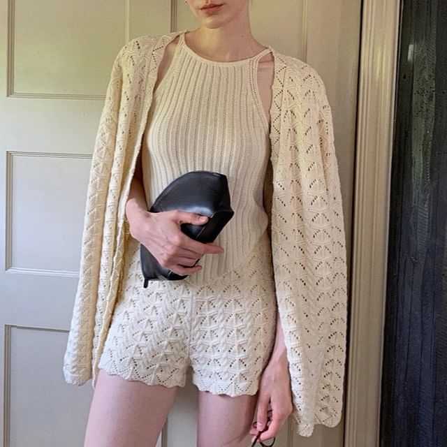 Spaghetti Strap Plain Knit Camisole Top / High Waist Shorts / Pointelle Cardigan / Set