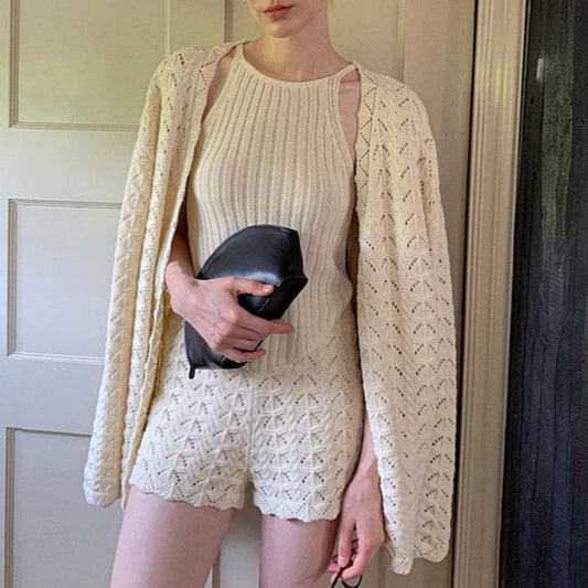 Spaghetti Strap Plain Knit Camisole Top / High Waist Shorts / Pointelle Cardigan / Set