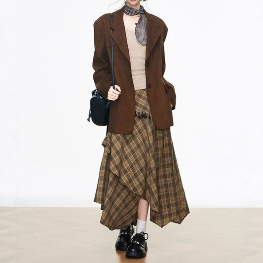Lapel Collar Plain Single Breasted Blazer / High Waist Plaid Maxi A-Line Skirt / Long-Sleeve Plain Tee