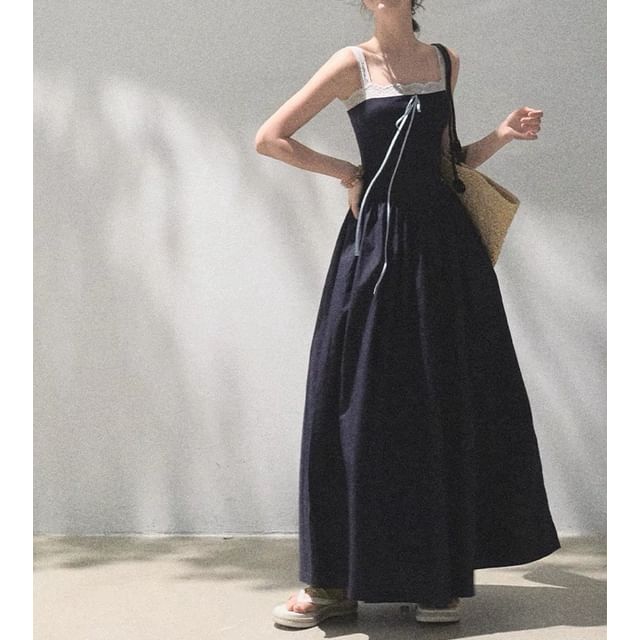 Spaghetti Strap Square Neck Plain Lace Trim A-Line Dress (Various Designs)