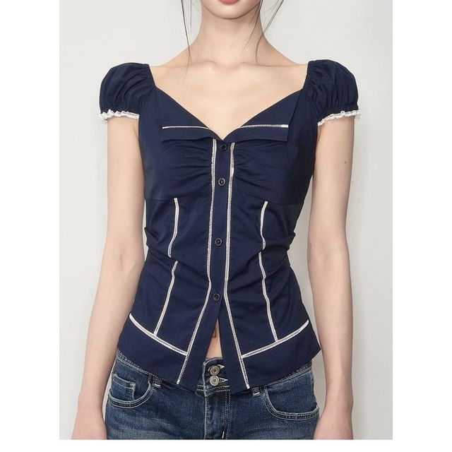 Short-Sleeve V-Neck Plain Ruched Blouse