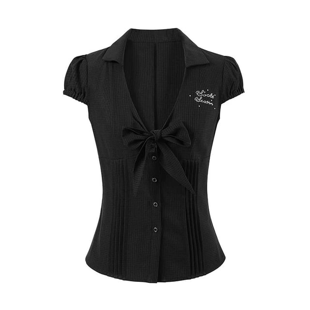 Short-Sleeve V-Neck Lettering Button Up Blouse