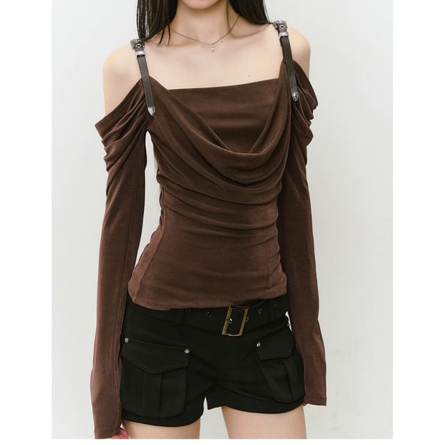 Long-Sleeve Off Shoulder Plain Ruched T-Shirt
