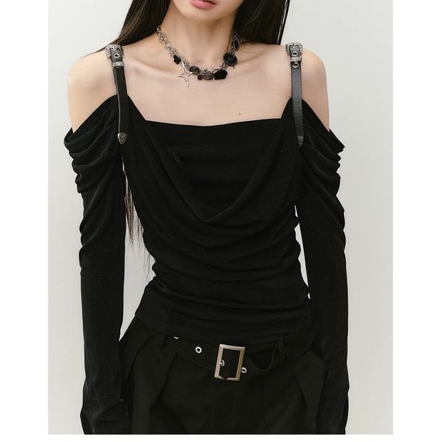 Long-Sleeve Off Shoulder Plain Ruched T-Shirt