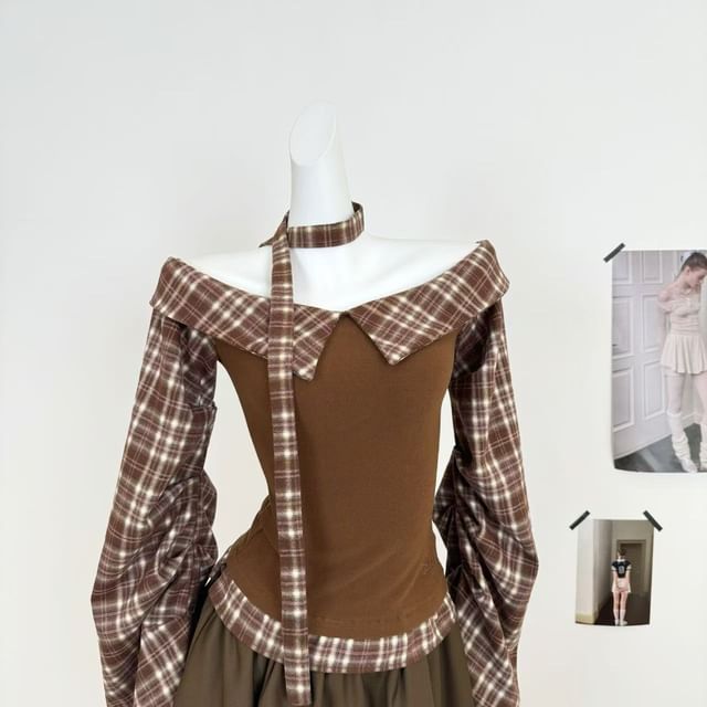 Long-Sleeve Off Shoulder Plaid Panel Blouse / High Rise Mini A-Line Skirt