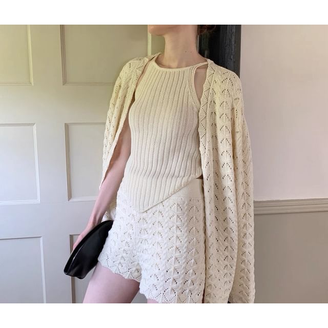 Spaghetti Strap Plain Knit Camisole Top / High Waist Shorts / Pointelle Cardigan / Set