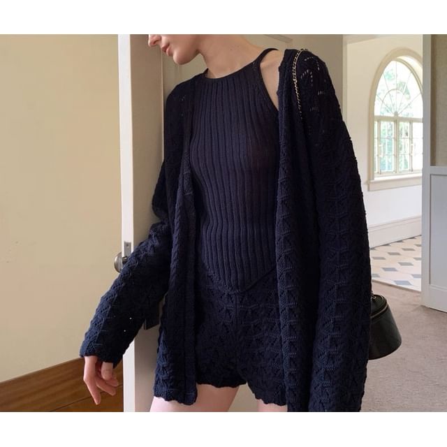 Spaghetti Strap Plain Knit Camisole Top / High Waist Shorts / Pointelle Cardigan / Set