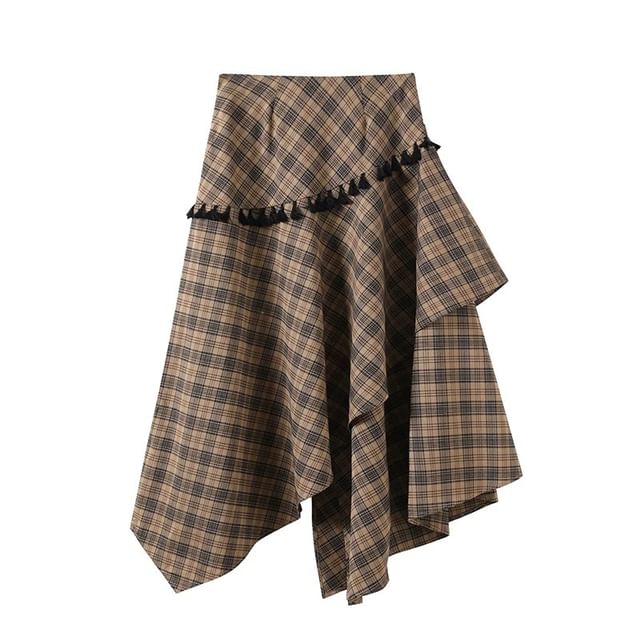 Lapel Collar Plain Single Breasted Blazer / High Waist Plaid Maxi A-Line Skirt / Long-Sleeve Plain Tee