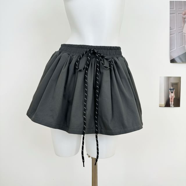 Hooded Plain Button Up Top / Drawstring Waist Plain Mini A-Line Skirt