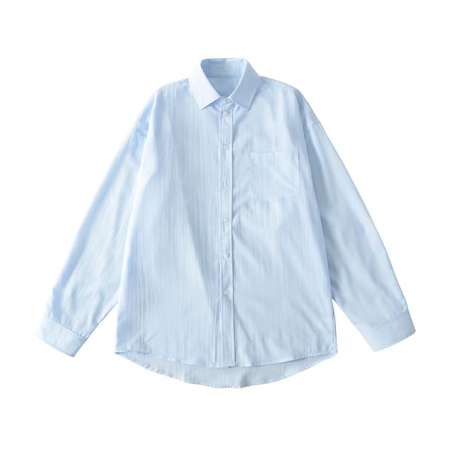 Plain Collared Long-Sleeved Button-Up Shirt