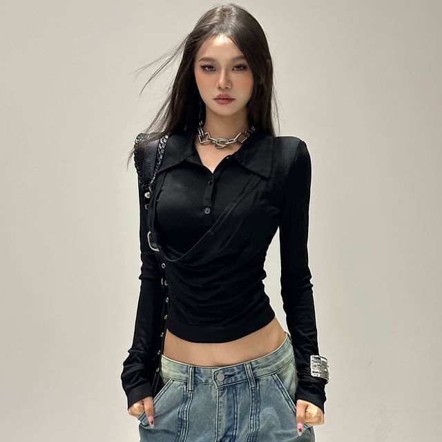 Plain Slim-Fit Mock Two-Piece Long-Sleeved Polo Crop Shirt