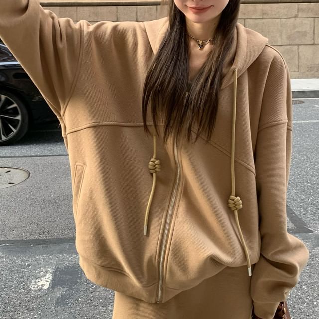 Plain Drawstring Zip Hoodie & High-Waist Mini A-Line Skirt