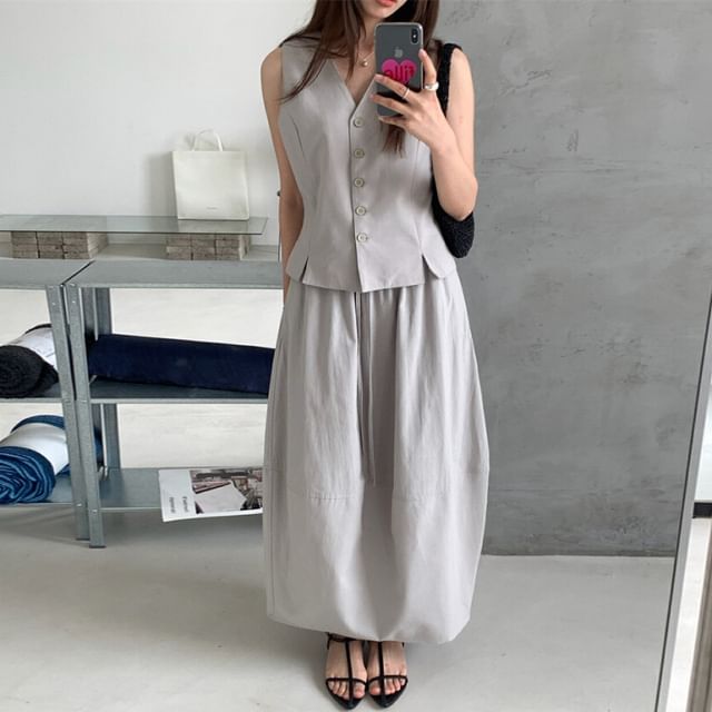 V-Neck Button-Up Vest & Midi A-Line Skirt