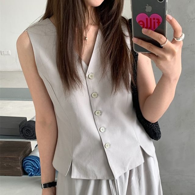 V-Neck Button-Up Vest & Midi A-Line Skirt