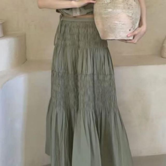 Shirred Top & Smocked Midi A-Line Skirt