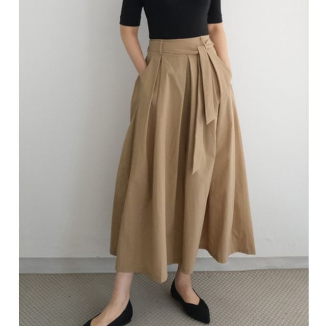 Plain Tie-Side Midi A-Line Skirt - High Rise