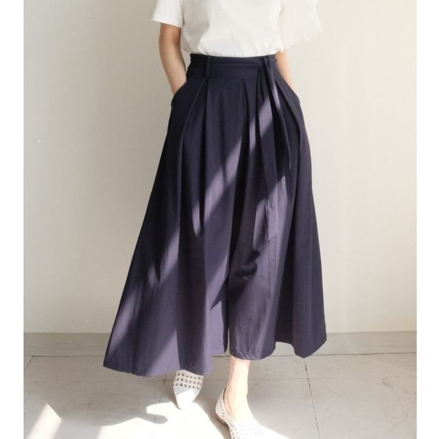 Plain Tie-Side Midi A-Line Skirt - High Rise
