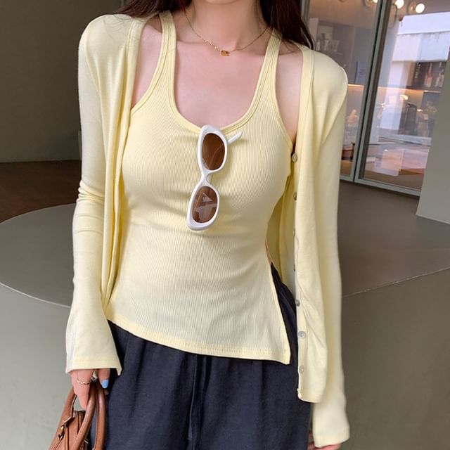 Padded Scoop Neck Slit Crop Tank + Button-Up Cardigan Set