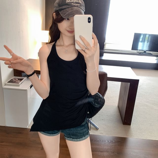 Plain Asymmetric Drawstring Halter Racerback Top
