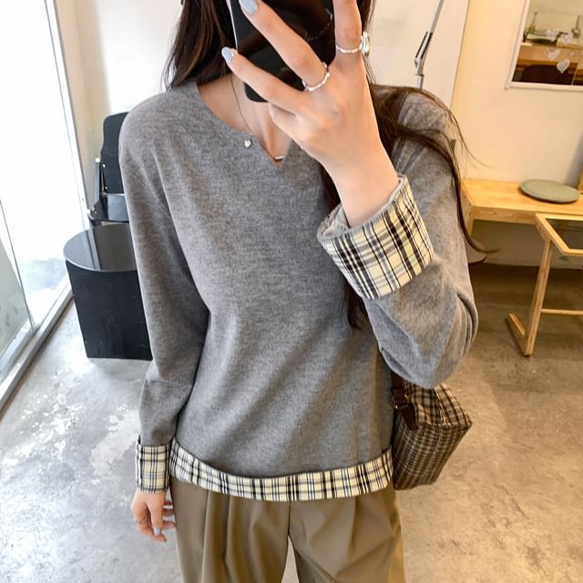 Plaid Panel Notch Neck Mock Two-Piece Long-Sleeved Tee
