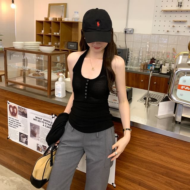 Plain Sheer Open Back Halter Slim Fit Top