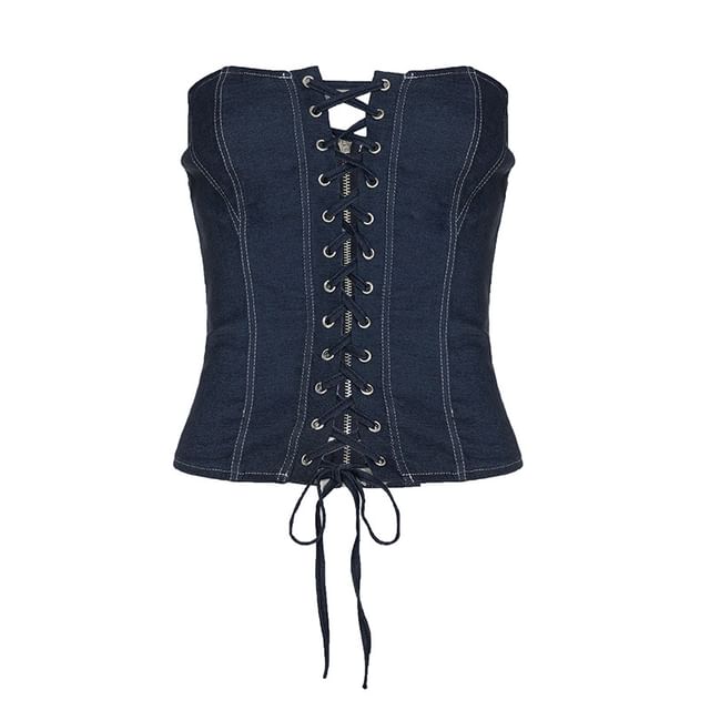 Set: Strapless Denim Lace-Up Tube Top & High-Waist Mini A-Line Skirt