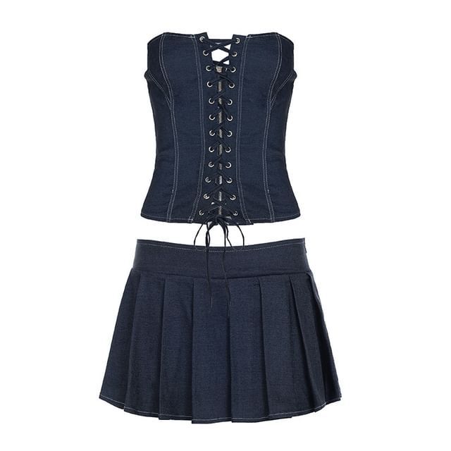 Denim Lace Up Strapless Tube Top + Mini A-Line Skirt Set