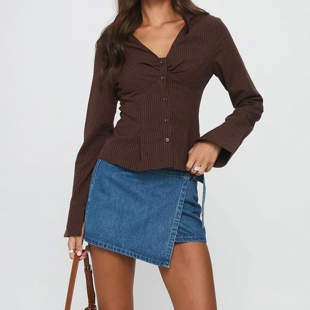 Plain Ruched Collared V-Neck Button-Up Shirt