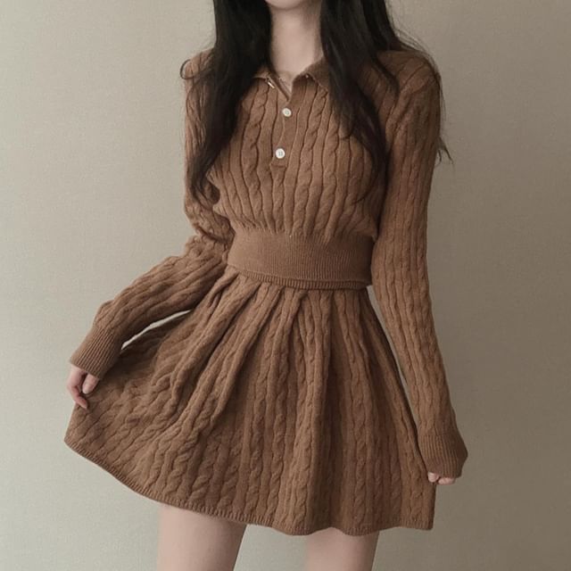 Cable-Knit Cropped Polo Sweater and Pleated Mini Skirt Set