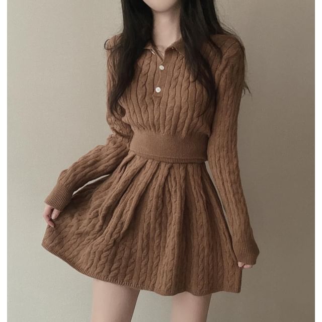 Cable-Knit Cropped Polo Sweater and Pleated Mini Skirt Set